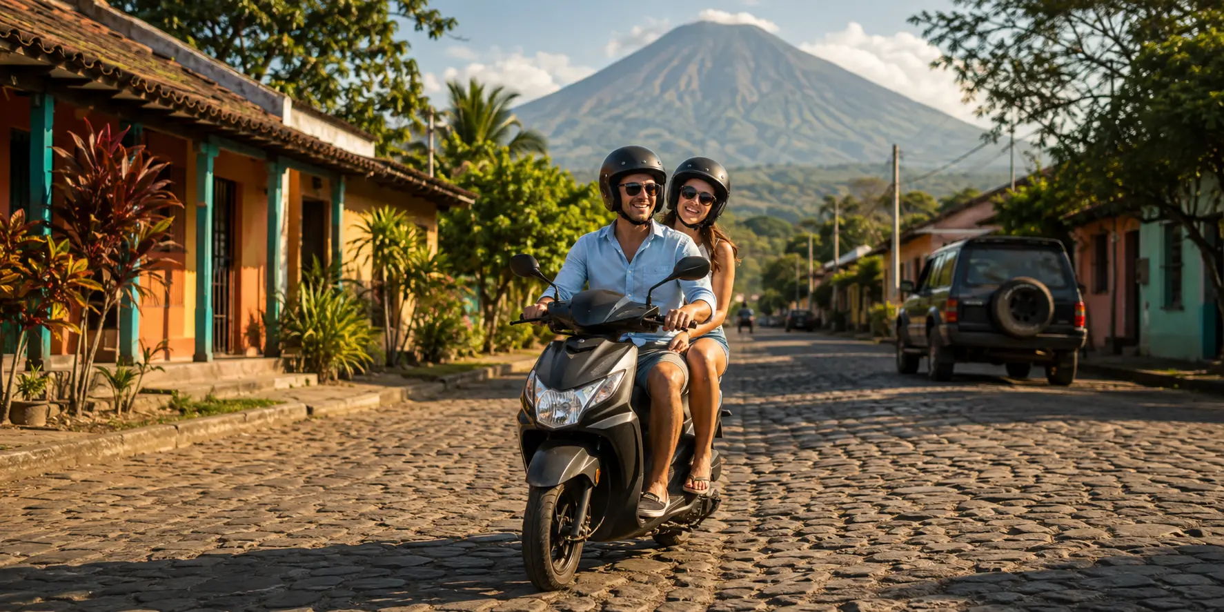 Motocicleta recorriendo una calle adoquinada de Ometepe
